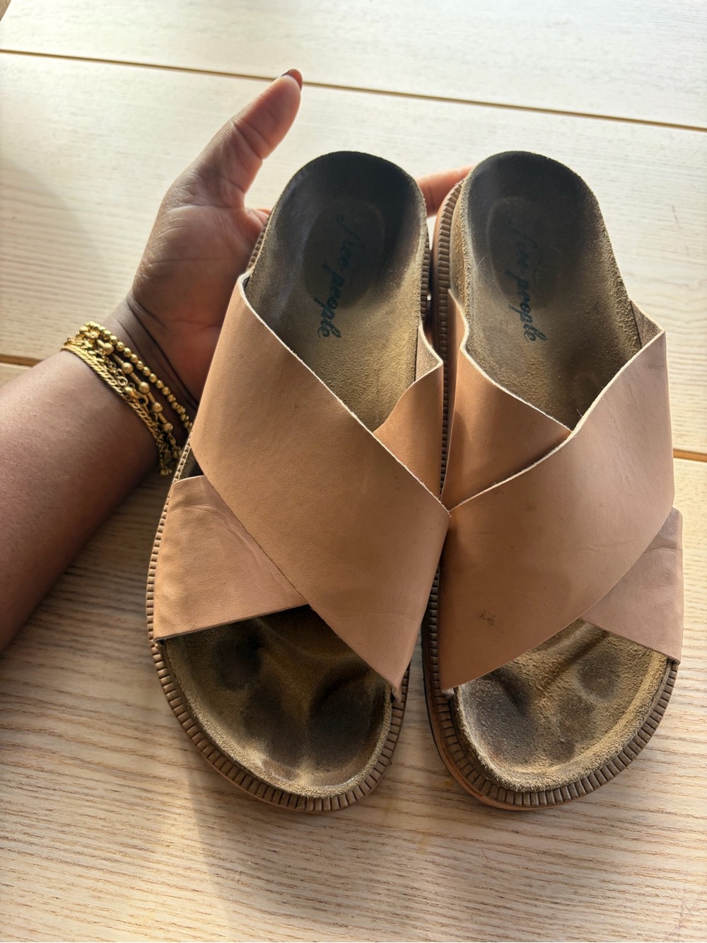 Free People Tan Leather Crisscross Slide Mules